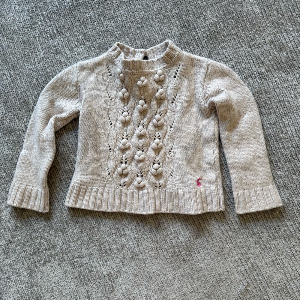 Joules Girls 4Y Lambswool Cotton Knit Sweater Beige Bobble Detail Jumper